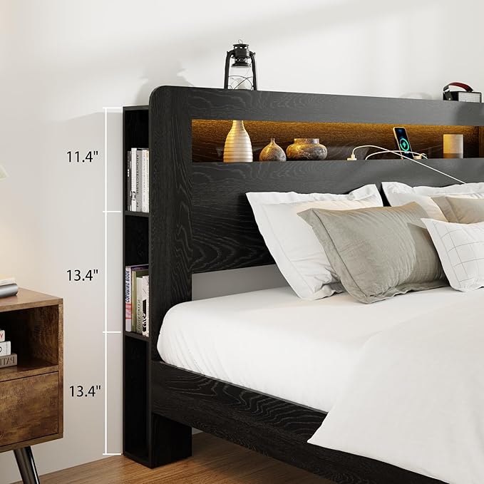 Wood King Size Bed Frame with Headboard, Farmhouse Platform Bed Frame with Bookcase Shelf,LED Lights,Charging Station,Heavy Duty Supports,No Box Spring Needed,Dark Black