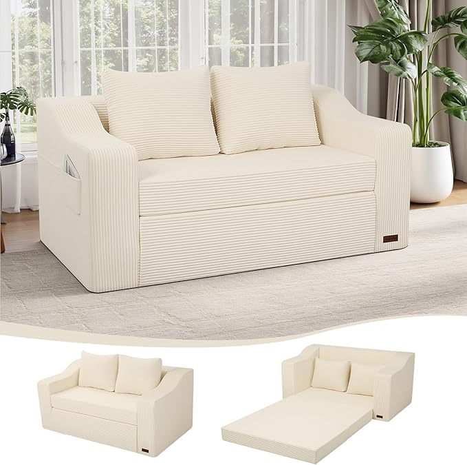 MeMoreCool Convertible Sofa Bed, Pull Out Loveseat Sofa Sleeper Couch for Bedroom Living Room Lounge, 2 in 1 Small Couch Bed with Pillow, Foldable Love Seat Futon Corduroy Beige