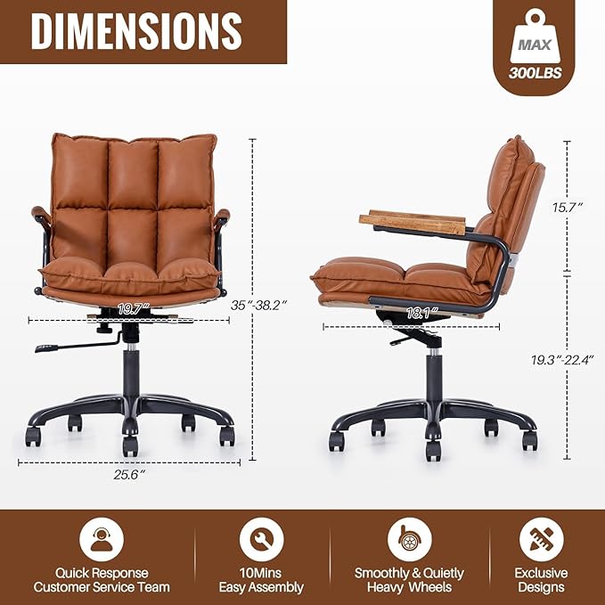 Home Office Desk Chair, Ergonomic Computer Chair with Wheels and Oak Arms, Adjustable Height Rolling Swivel Executive Task Armrests Chair, Rust Brown