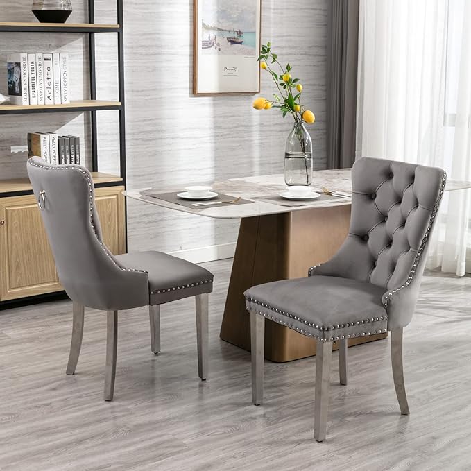 Goujxcy 70" Marble Dining Table Set for 6, Modern 7 Piece Dining Room Table Set with White Faux Marble Dining Table & 6 Grey Velvet Upholstered Chairs, Luxury Silver Kitchen Table Chairs Set of 6