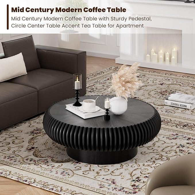 Round Drum Coffee Table for Living Room, Mid Century Modern Coffee Table with Sturdy Pedestal, Farmhouse Fluted Circle Center Table Accent Tea Table for Apartment (31.5" Black)