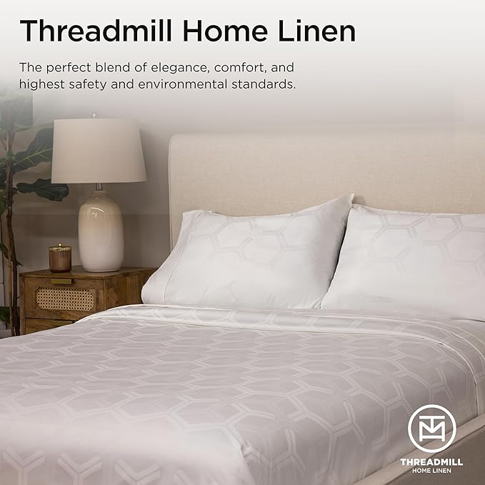 Threadmill 100% Cotton Sheets for Full Size Bed - 600 Thread Count Full Bed Sheets Set with 16” Deep Pocket - Jacquard Sateen Weave 4-Piece Bedding Set with Cooling Effect, White