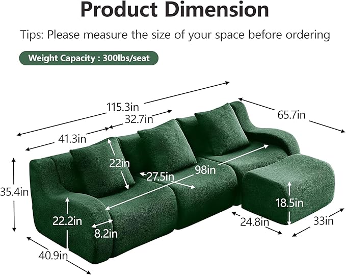 Green L-Shaped Cloud Couch with 1 Ottoman, Modern Teddy Fabric Boneless Sectional Sofa in a Box, Modular Floor Sofa for Living Room, Deep Seat, No Assembly Required, Sofas para Sala
