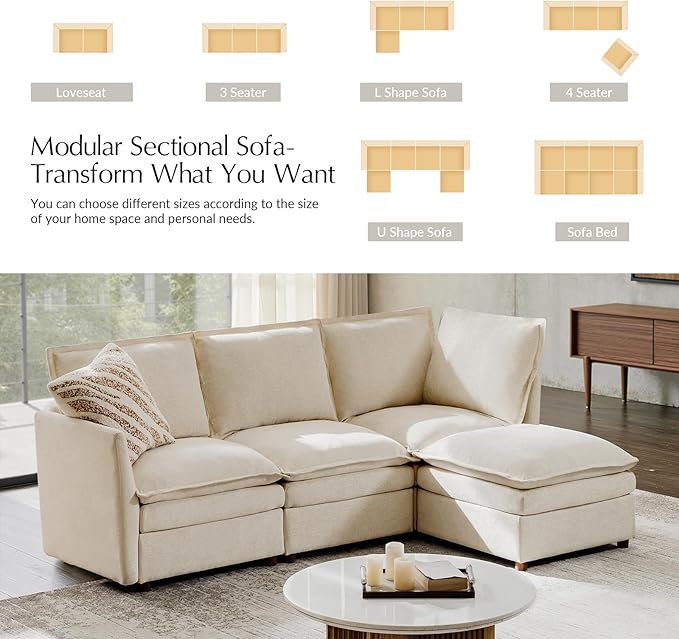 HULALA HOME 98'' Oversized Modular Sectional Sofa with Dual-Layered Cushions, L Shaped 4 Seater Couch with Storage Ottoman and Removable Cover, Modern Deep Seat Cloud Couch for Living Room, Beige