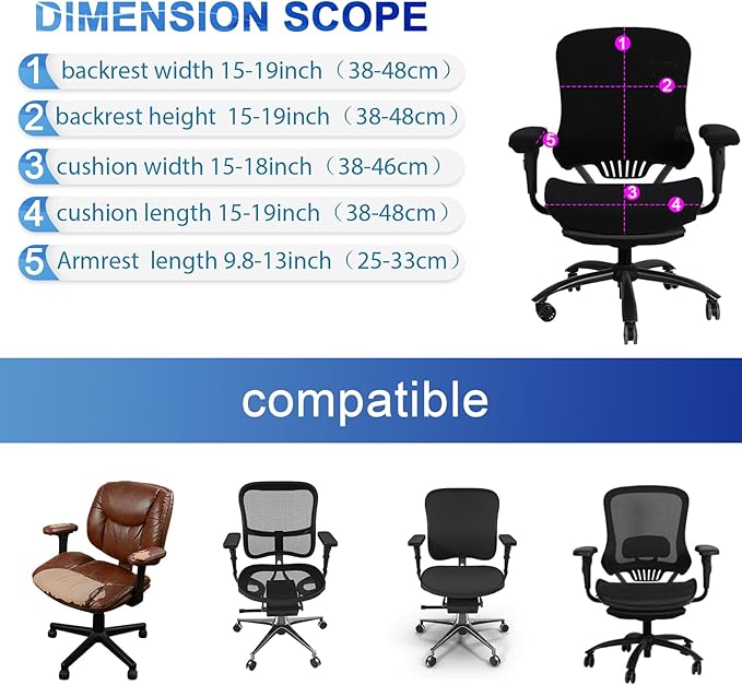 Tallew 4 Pcs Office Chair Covers Set Computer Universal Protective Stretchable Chair Seat Covers Desk Armrest Slipcovers Pads Office Cushion Backrest for Rotating (L,Black)
