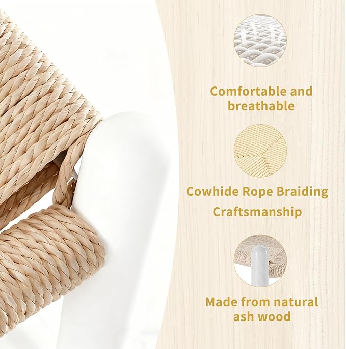 Wishbone Chair Natural Solid Wood Dining Chair/Hans Wegner Y Chair Rattan and Wood Accent Armrest Chairs Set of 2 (Ash Wood - White)