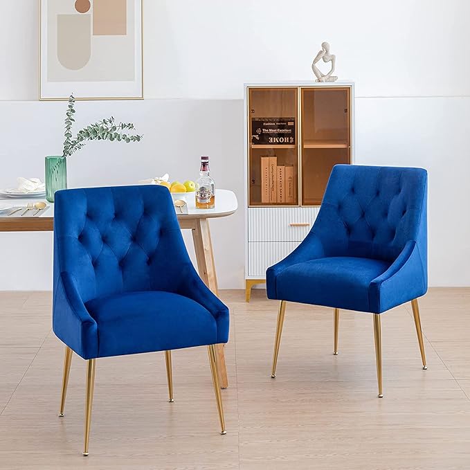 Modern Dining Chairs Set of 6, Mid Century Chairs with 5.12” Cushions and Golden Legs, Velvet Upholstered Dining Chairs with Back Pull Rod, for Kitchen, Living Room (Blue)
