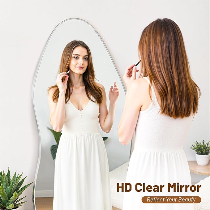 Antok Full Length Mirror, 76"x36" Floor Mirror with Stand, Standing Hanging Leaning Irregular Mirrors for Bedroom Living Room Entryway, Wavy Shaped, Silvery
