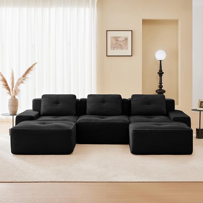 115" Modern Compressed Boneless Couch with Ottoman, 3 Seater Large U Shaped Sectional Couches for Living Room, Black Corduroy Cloud Modular Sectional Sofa, Memory Foam, Extra Deep, No Assembly