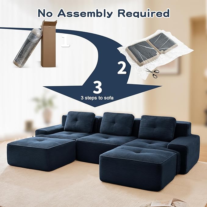 115" Modern Corduroy Cloud Sofa with Ottoman, U Shaped Boneless Modular Large Sectional Couches for Living Room, Blue 3 Seater Compressed Memory Foam Couch, Extra Deep Seat, No Assembly