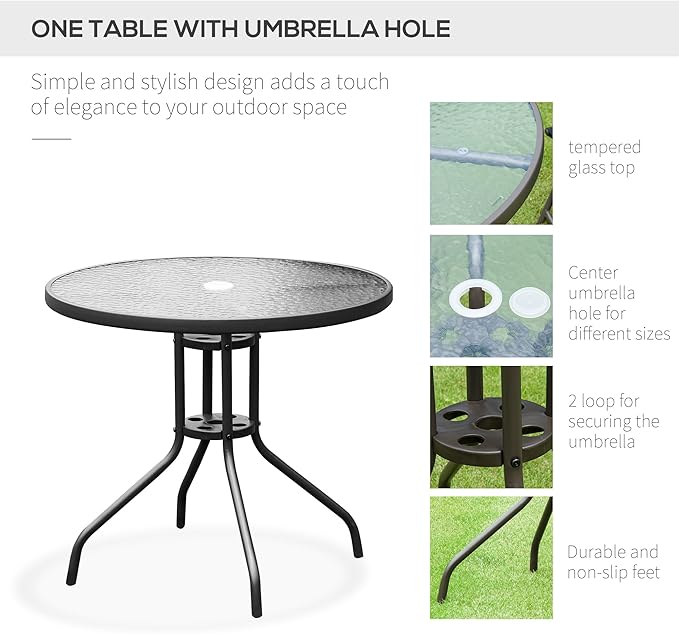 Outsunny 6 Piece Patio Dining Set for 4 with Umbrella, Outdoor Table and Chairs with 4 Folding Dining Chairs & Round Glass Table for Garden, Backyard and Poolside, Black