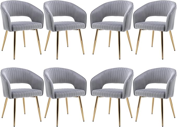 Modern Velvet Dining Chairs Set of 8, Upholstered Gold Dining Room Chairs with Hollow Back and Gold Legs, Accent Armrest Kitchen Chairs for Living Room Reception Grey