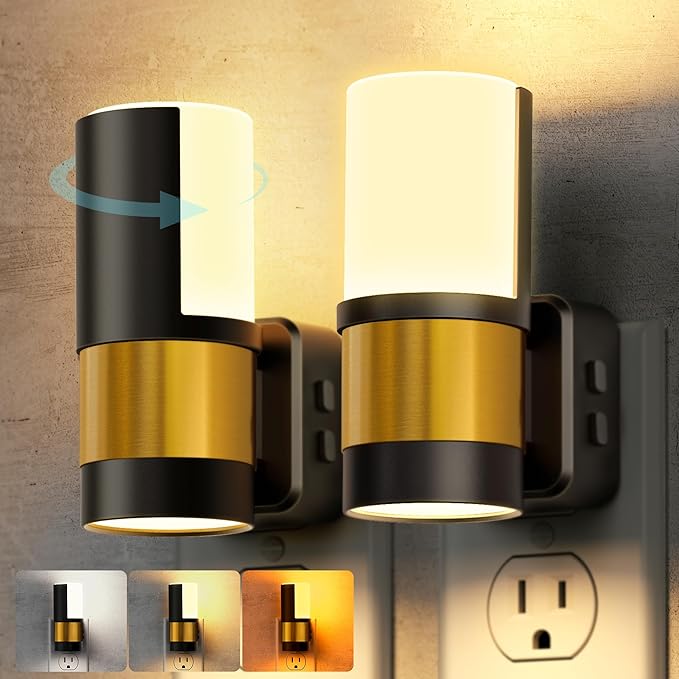 Briignite Night Lights Plug into Wall, Dimmable 3CCT Night Light for Kids, 2 Pack Amber/3000K/5000K Adjustable NightLights Plug in, 360° Rotation, Dusk to Dawn Sensor, Nightlight for Bedroom Hallway