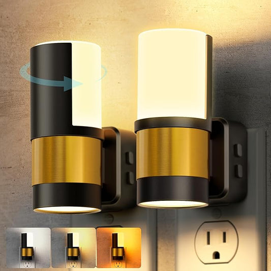 Briignite Night Lights Plug into Wall, Dimmable 3CCT Night Light for Kids, 2 Pack Amber/3000K/5000K Adjustable NightLights Plug in, 360° Rotation, Dusk to Dawn Sensor, Nightlight for Bedroom Hallway
