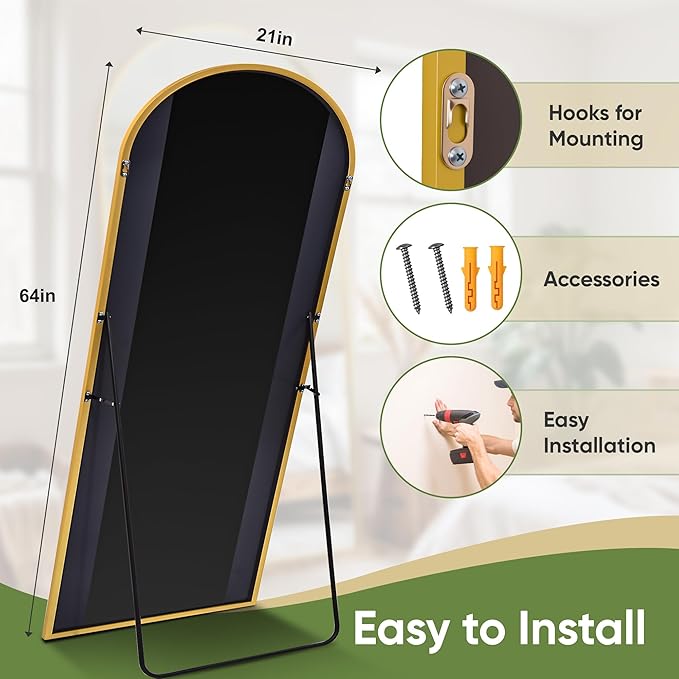 Full Length Mirror, 64"x21" Arched Full Body Mirror, Floor Mirrors with Stand, Standing Hanging Leaning Against Wall,Aluminum Frame Mirrors for Bedroom Cloakroom,Living Room,Gold