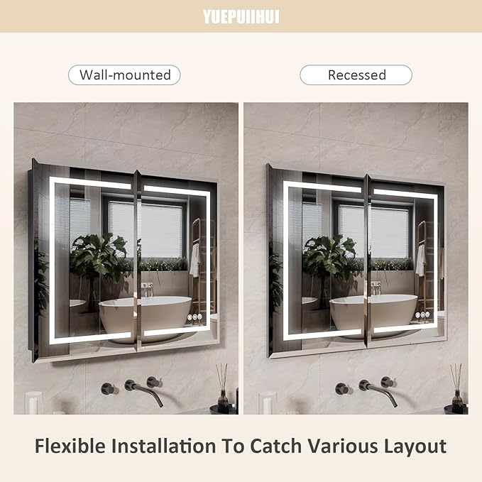 36X30 Inch Black Lighted Medicine Cabinet with Mirror, Recessed or Wall Mounted Bathroom Medicine Cabinet Mirror with Adjustable Frontlit & Brightness, LED Mirror Cabinet with Double Door