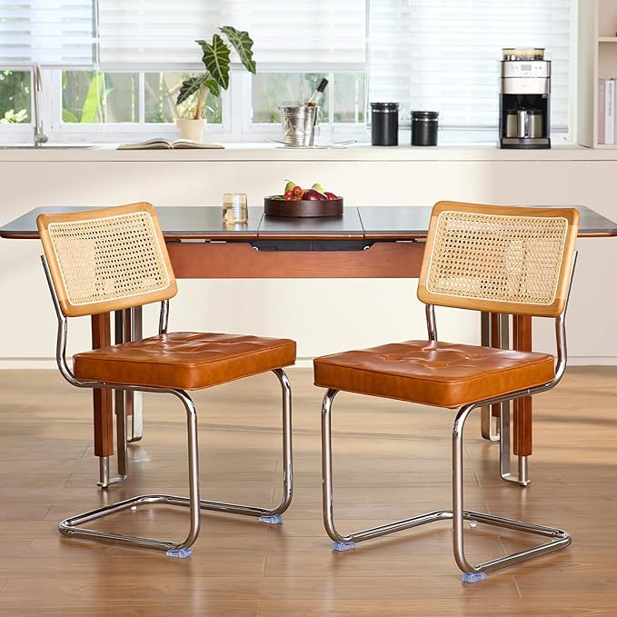 Brown Faux Leather Rattan Dining Chairs Set of 4, Wooden Mid Century Modern Dining Room Chairs, Mesh Back Cane Kitchen Chair, Cesca Design Chairs with Metal Chrome Legs