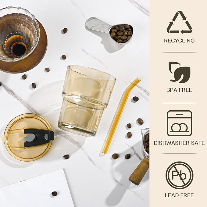 13oz Glass Cups with Straw and Lid,Tumbler Water Glass,2 Pack Reusable Iced Coffee Tumbler with Lids,Glass to go Coffee Cup for Drinking Matcha, Water, and Juice.(Amber
