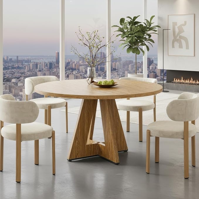 Farini 47" Round Dining Table for 4-6,Modern Kitchen Room Table with Wood Top & Sturdy Metal Base,Large Round Dinner Table for Dining Room,Walnut