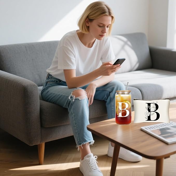 Unique Initial Glass Cup with Lids and Straws, Monogrammed Gifts Box Included Makeup Bag, Christmas Birthday Gifts for Women Mom Sister Grandma, B