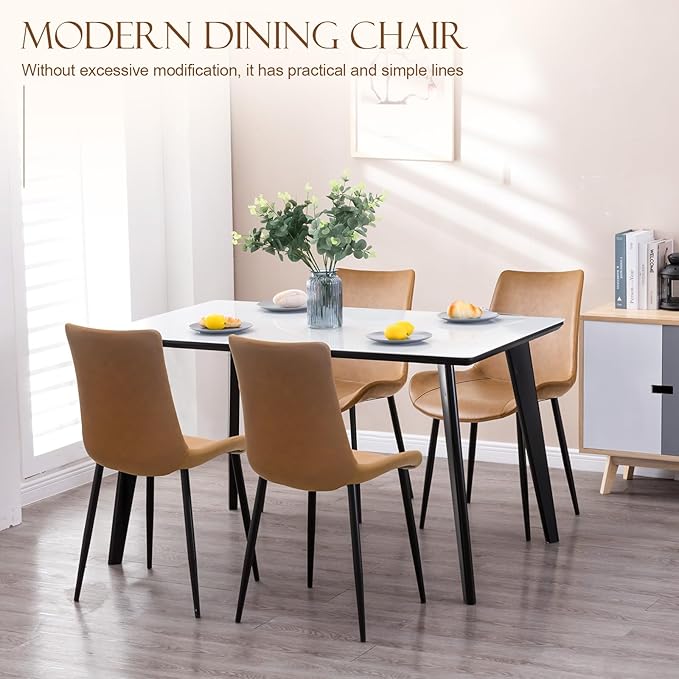 Dining Chairs, Modern PU Leather Dining Room Chair with Sturdy Metal Legs, Upholstered Seat Dinner Chairs Accent Side Chairs for Indoor Kitchen Living Room (Brown, Set of 2)