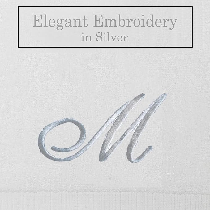 White Monogrammed Hand Towels for Bathroom - Luxury Hotel Quality Personalized Initial Embroidered Towel for Powder Room, Spa - GOTS Organic Certified - Pack of 2 Silver, Letter M