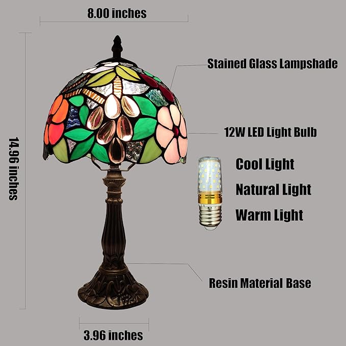 Tiffany Table Lamp 3-Way Tiffany Style Desk Lamp Small Stained Glass Lamp Antique Light Home Bedroom Bedside Lamp Retro Reading Decoration Lamps (Grapes Flowers Style)