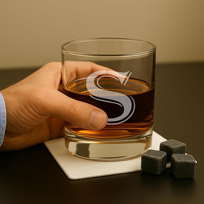 Monogrammed Gifts for Men - 4PC 11 Oz Custom Whiskey Glasses (S-Monogram) - Engraved Whiskey Glasses - Personalized Whiskey Glasses - Unique Bourbon Glasses - Personalized Glass Gifts for Dad