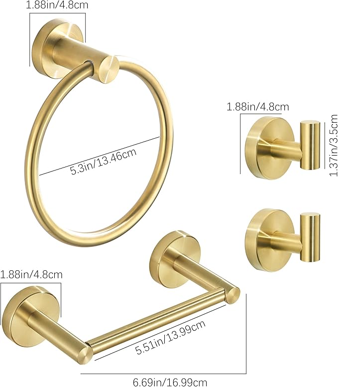 Gold Bathroom Hardware Set, Brushed Gold Toilet Paper Holder Towel Ring 2 Robe Hooks Wall Mount Hand Towel Holder Bath Accessories Stainless Steel, 4 Pieces