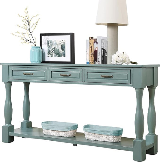LKTART Solid Wood Console Table for Entryway,Long Sofa Table with 3 Drawers for Hallway,Foyer,Entry,Easy Assembled (63" Retro Green)