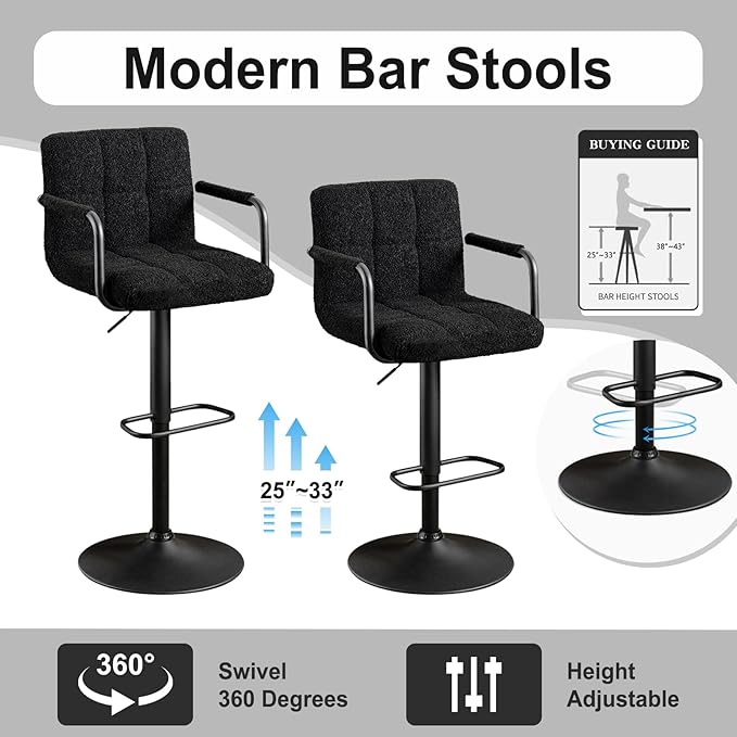 Furnimart 30" Artificial Sherpa Upholstered Bar Stool, Adjustable Counter Stools Bar Chairs Modern Design Swivel Barstools Hydraulic Stools for Kitchen and Dining Room Set of 2 (FauxFur-Black)