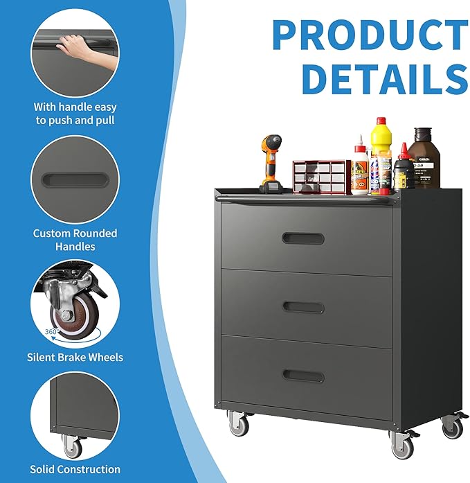 Tool Storage Cabinet, Rolling Tool Cabinets with 3 Drawers, Metal Storage Cabinet for Garage, Tool Room, Warehouse, Assembly Required(Black)