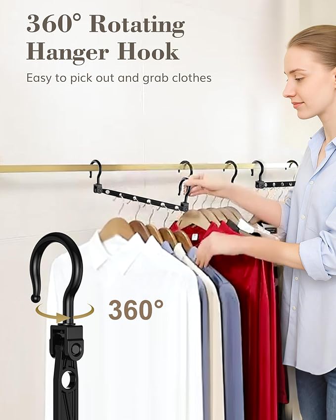Space Saving Hangers for 48 Clothes, Reinforced Collapsible Hangers with 360° Swivel Hook, Hanger Hooks Space Saver for Closet Organizers and Storage, Dorm Room Essentials, Fully Assembled, Black