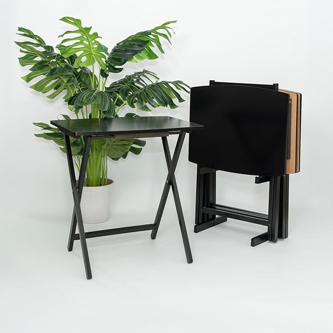 PJ Wood 5 Pack XL Oversize Tray Table for Living Room or Kitchen, Indoor TV Tray Set for Small Spaces and Family Gatherings, Black