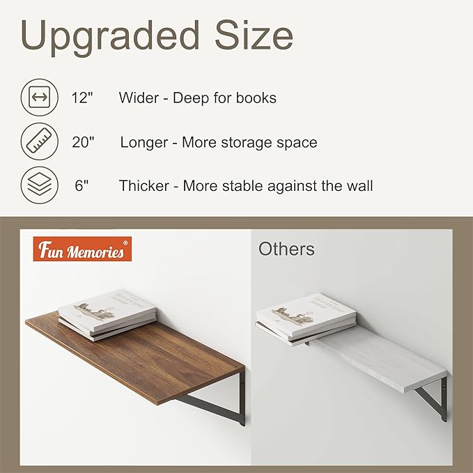 Fun Memories 20 Inch Floating Shelves, Deep Wall Shelves for Kitchen, 20 x 12 Floating Shelf for Living Room, Bedroom, Farmhouse Floating Shelves for Home Decor Storage, Walnut, Set of 2