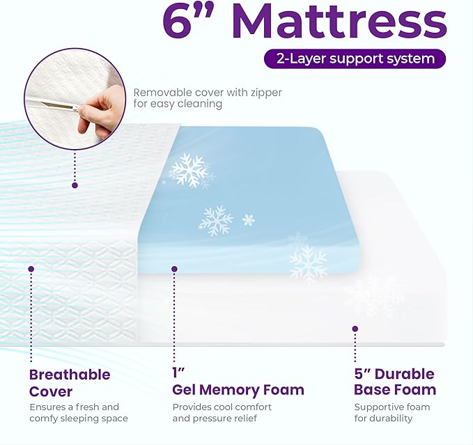 GAESTE 6 Inch Queen Cooling Memory Mattress Medium Firm CertiPUR-US Certified Foam, Pressure Relief & Cool Sleep Mattress-in-a-Box Comfort & Supportive Fiberglass Free (Queen, 6 in)
