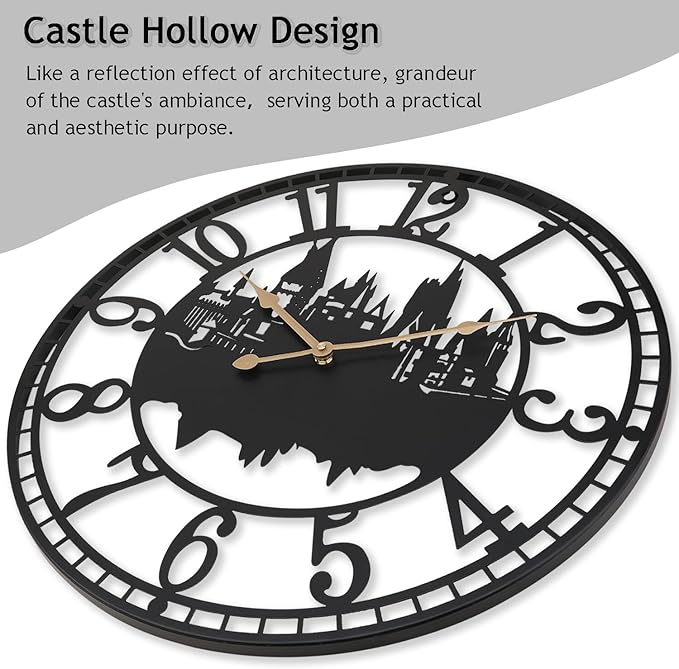 Wall Clocks for Living Room, Metal Black Castle with Metal Golden Retro Hands, Battery Operated Silent Non-Ticking Large Wall Clock for Bedroom Kitchen Living Room Home Decor,24x24Inch