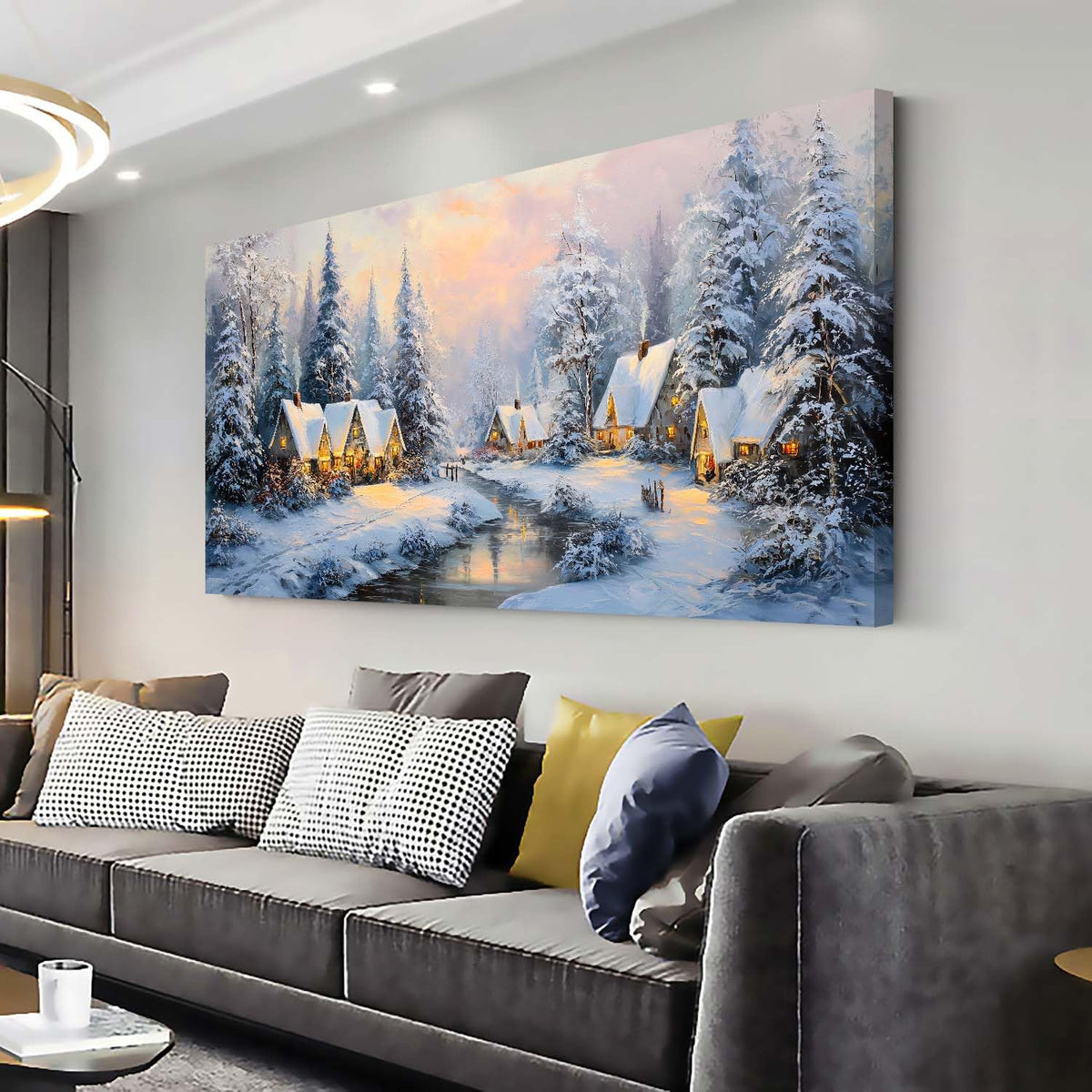 TEKMENT White Retro Cabin Wall Art for Bedroom Canvas Painting Prints Beautiful Snow Winter Forest Rustic Christmas Night Village Art Deco Nature Artwork Office Farmhouse Decor