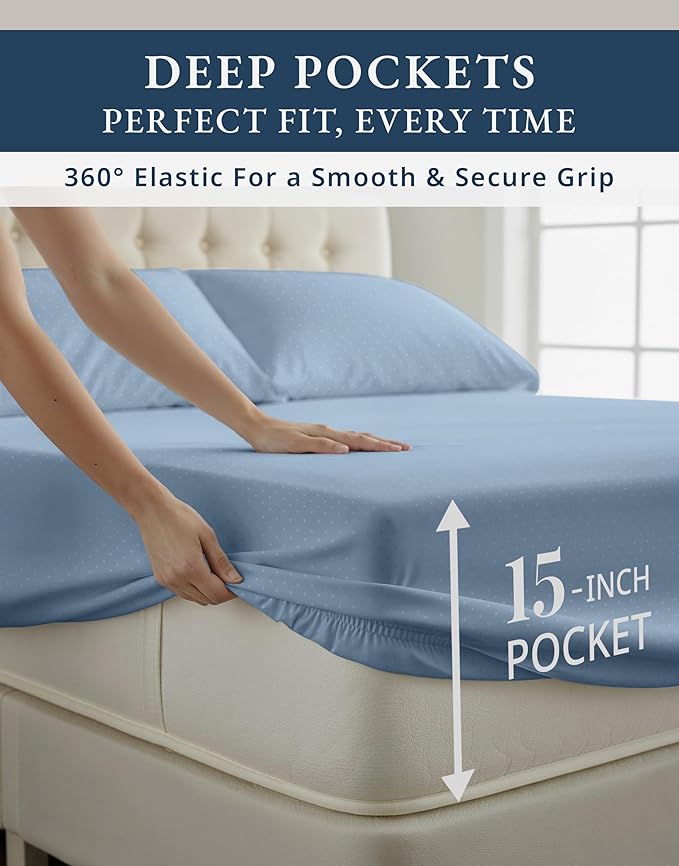 LANE LINEN 100% Egyptian Cotton Queen Sheet Set, Soft & Comfy Thick Fully Elasticized Mercerized Cotton Sheets Queen Size Set, No Pill Fade Resistant Elegant Swiss Dot - French Blue