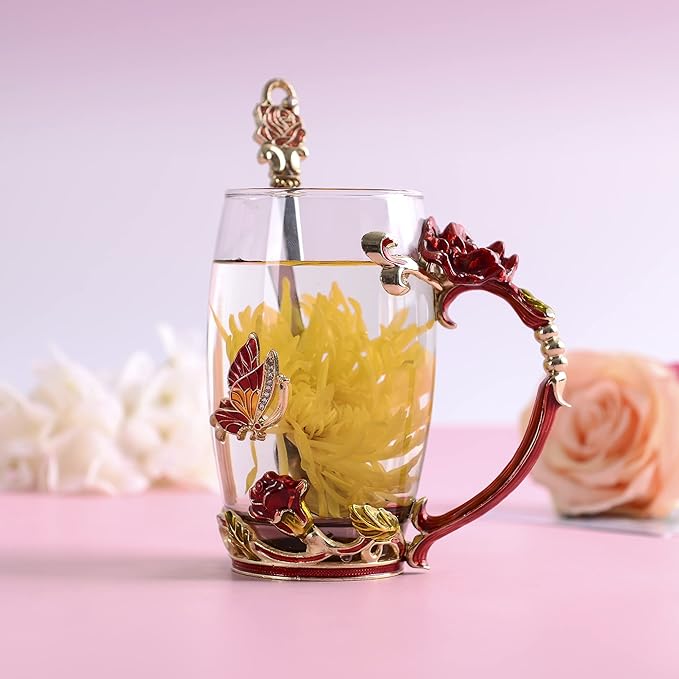 Glass Coffee Mugs Flower Butterfly Tea Cup with Spoon and Box, Personalized Gifts for Mothers Day Gift, Women, Wife and Girlfriends (11oz)