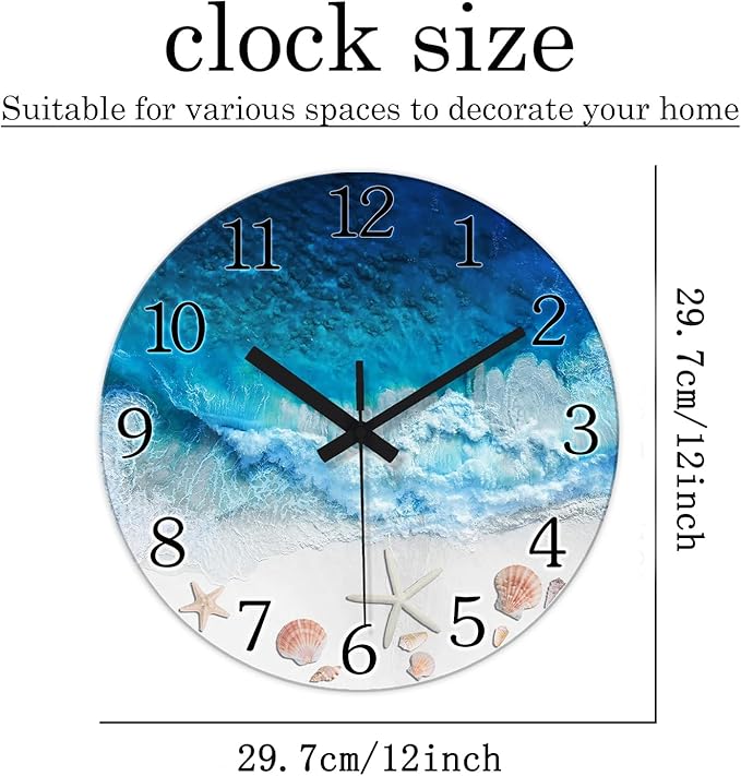 XNM Beach Small Wall Clocks Battery Operated 12 Inch Blue Round Costal Wall Clock for Kitchen Quiet Wall Clock Modern