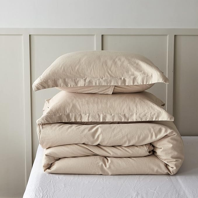 Simple&Opulence French Linen Duvet Cover Set 88" x 92"- 5 Pieces (1 Comforter Cover,4 Pillowcases)- Natural Flax Cotton Blend-Solid Color Breathable Farmhouse Bedding-Linen/Beige, Queen