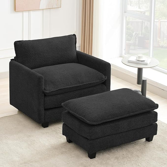 ROWHY Convertible Sectional Couch with Ottoman, Single Armchair with armrests, Modern Living Room Furniture Set, Small Couches for Small Spaces, for Living Room, Chenille, Black
