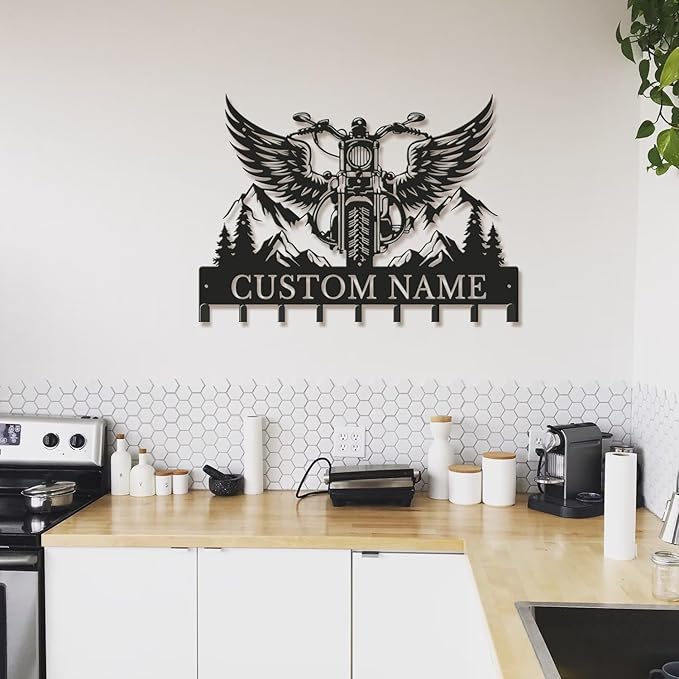 Personalized Motorcycle Metal Key Holder, Custom Last Name Metal Wall Sign, Hanging Storage Rack for Garage and Home Decor (Style-3)