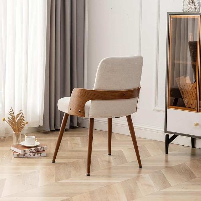 Dining Room Chairs Set of 2,Mid Century Modern Kitchen Chairs,Upholstered Beige Fabric Accent Chairs,Metal Legs Wooden Desk Chairs Armless and No Wheels for Kitchen Dining Living Room