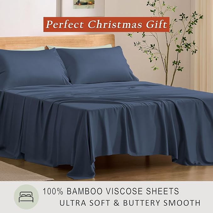 TOSMO Luxury Cooling Sheet Set - 100% Viscose from Bamboo, 3-Piece Bedding Set (Twin Size) - 18” Extra Deep Pockets, Oeko-Tex Certified, Silky Soft and Breathable, Slate