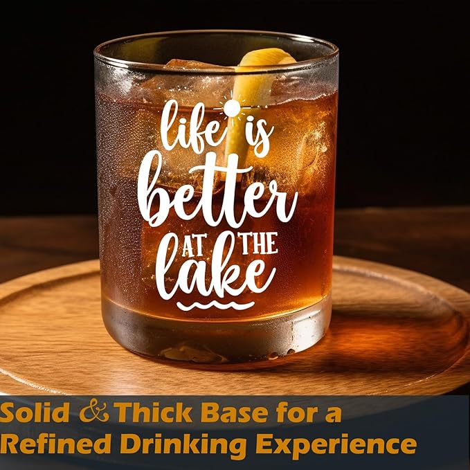 Lake Life Gifts Old Fashioned Whiskey Glasses, Gifts for Lake Lovers, Life is Better at the Lakes 10 oz Rocks Barware Cup for Cocktail Drinks Scotch Bourbon Liquor