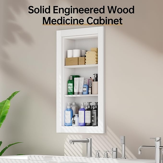 14x24 Recessed Medicine Cabinet, Wood Bathroom Wall Niche, Water-Proof Recessed Wall Niche Medicine Cabinet Replacement, for Living Room, Bathroom Storage, White