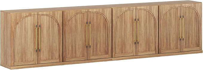 BELLEZE Set of 2 65" Sideboard Cabinet with Double-Arc Wood Doors, Large Buffet Cabinet with Storage and Adjustable Shelves, Classic Modern Console Table for Dining Room Living Room Entryway (Camel)