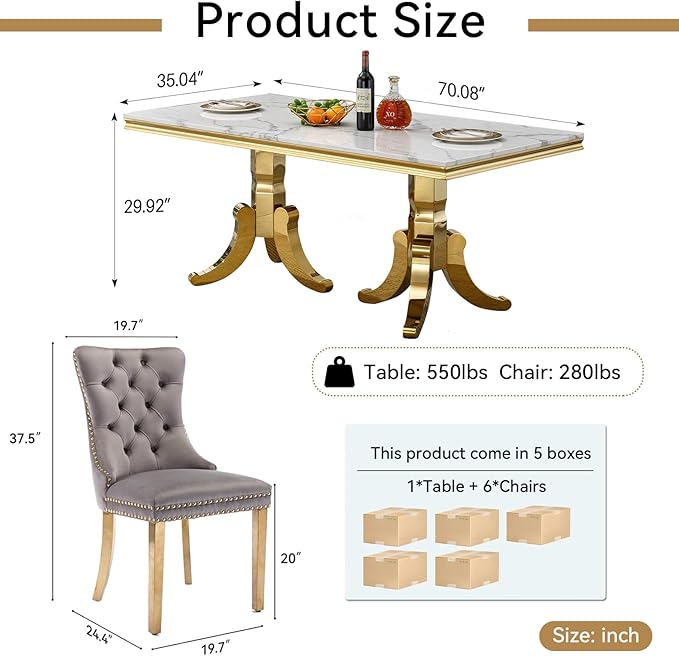70" Faux Marble Dining Table Set for 6, 7-Piece Dining Set with White Gold Kitchen Table and 6 Velvet Tufted Chairs, Modern Rectangular Dining Room Table with American-Shape Stainless Steel Base